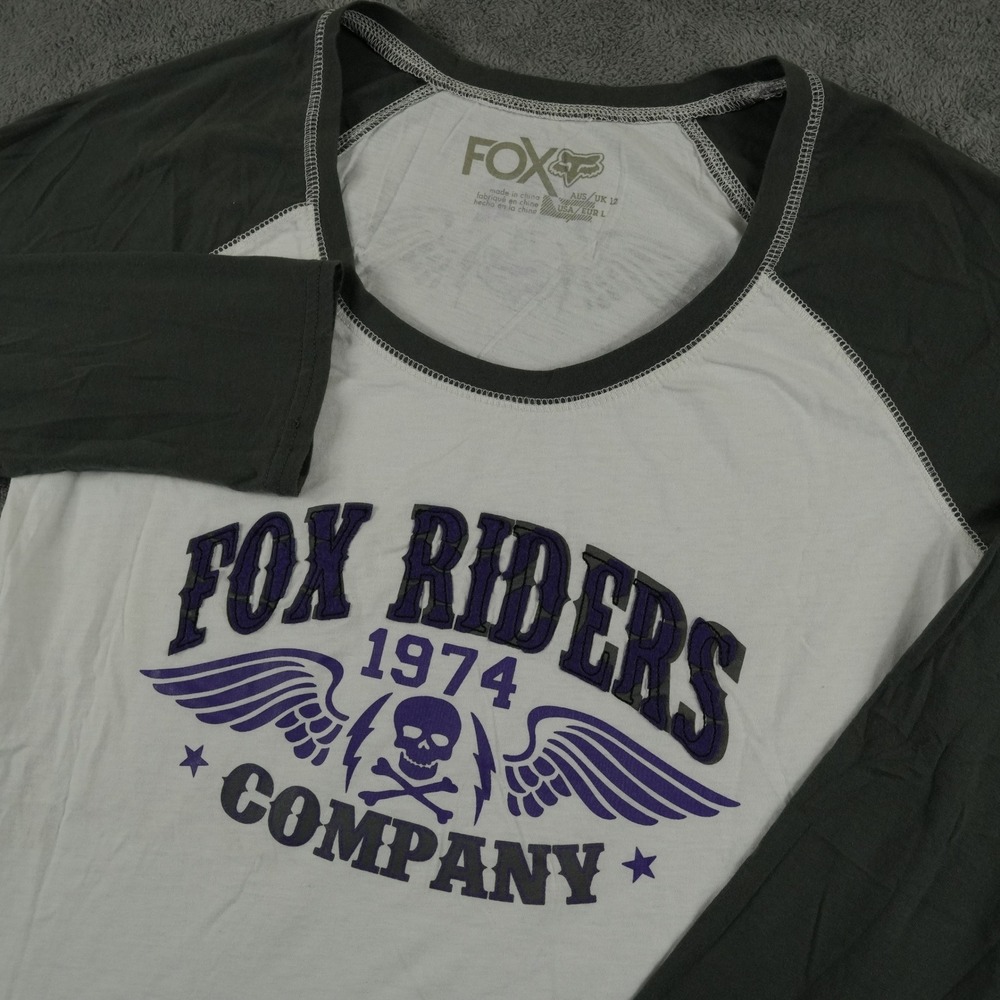 Fox Racing‎ Raglan Tee Women L White Gray Fox Riders Company Embroidered Moto